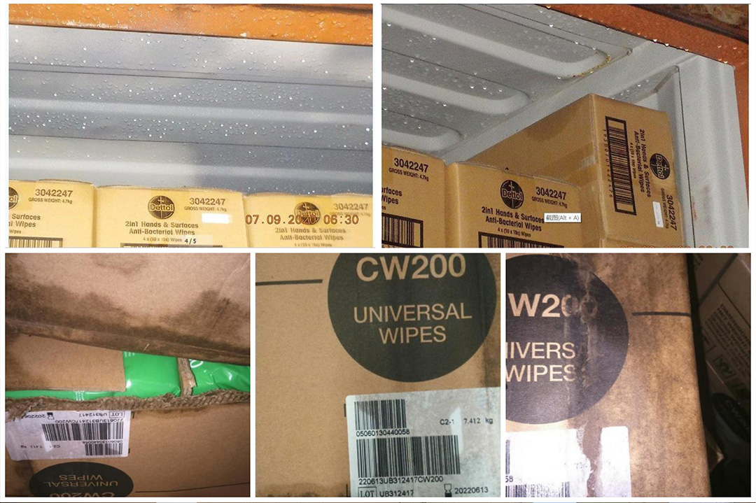 Moisturedamage CasesCartons of wipes get damp in container NicePak